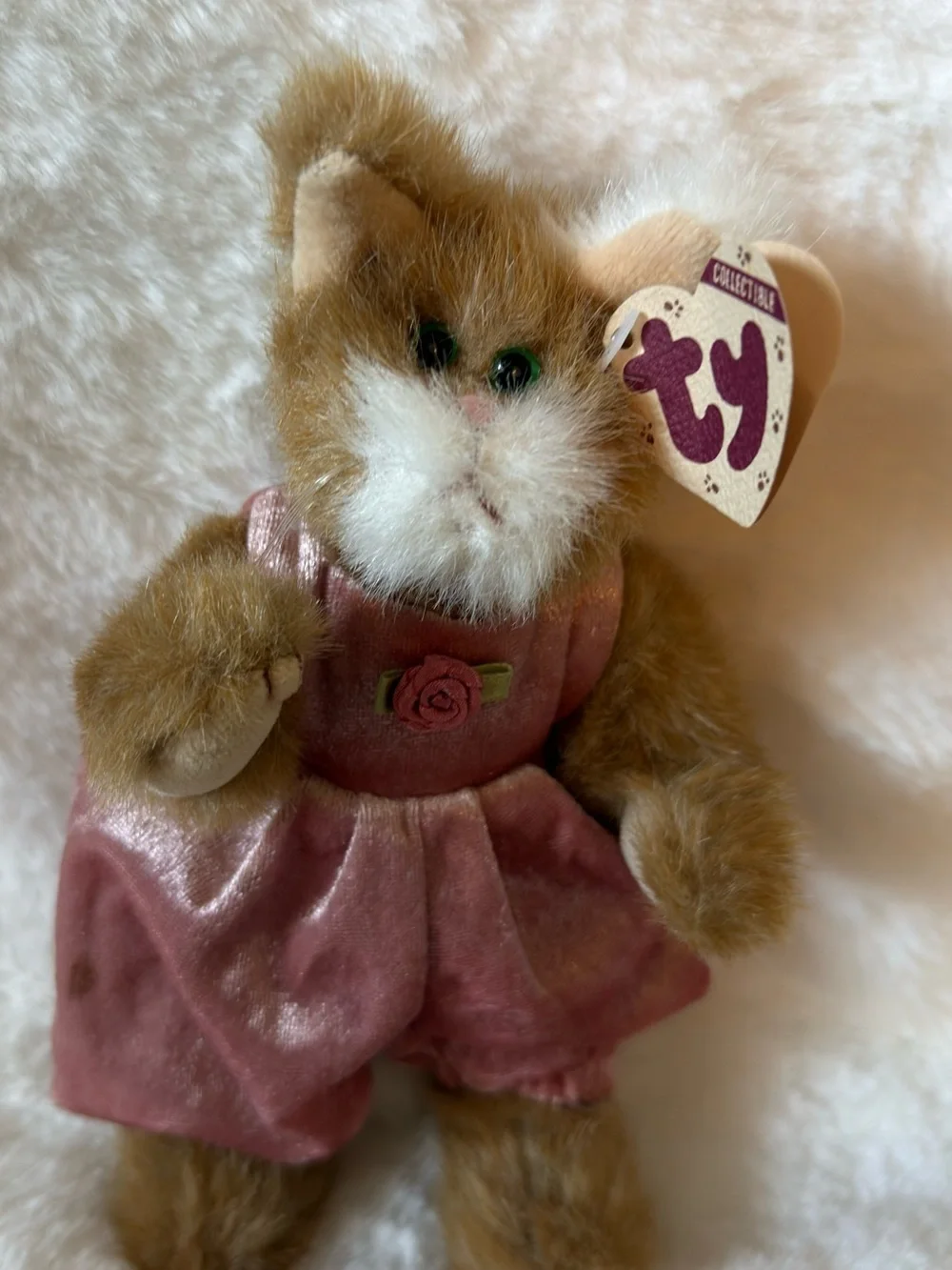 Ty Attic Treasures “Pouncer” The Cat in Pink Velour Outfit with Green Eyes
